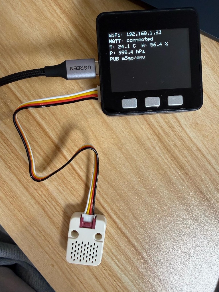 Photo of M5Stack device screen showing 'Connected' status while transmitting data over an insecure channel.