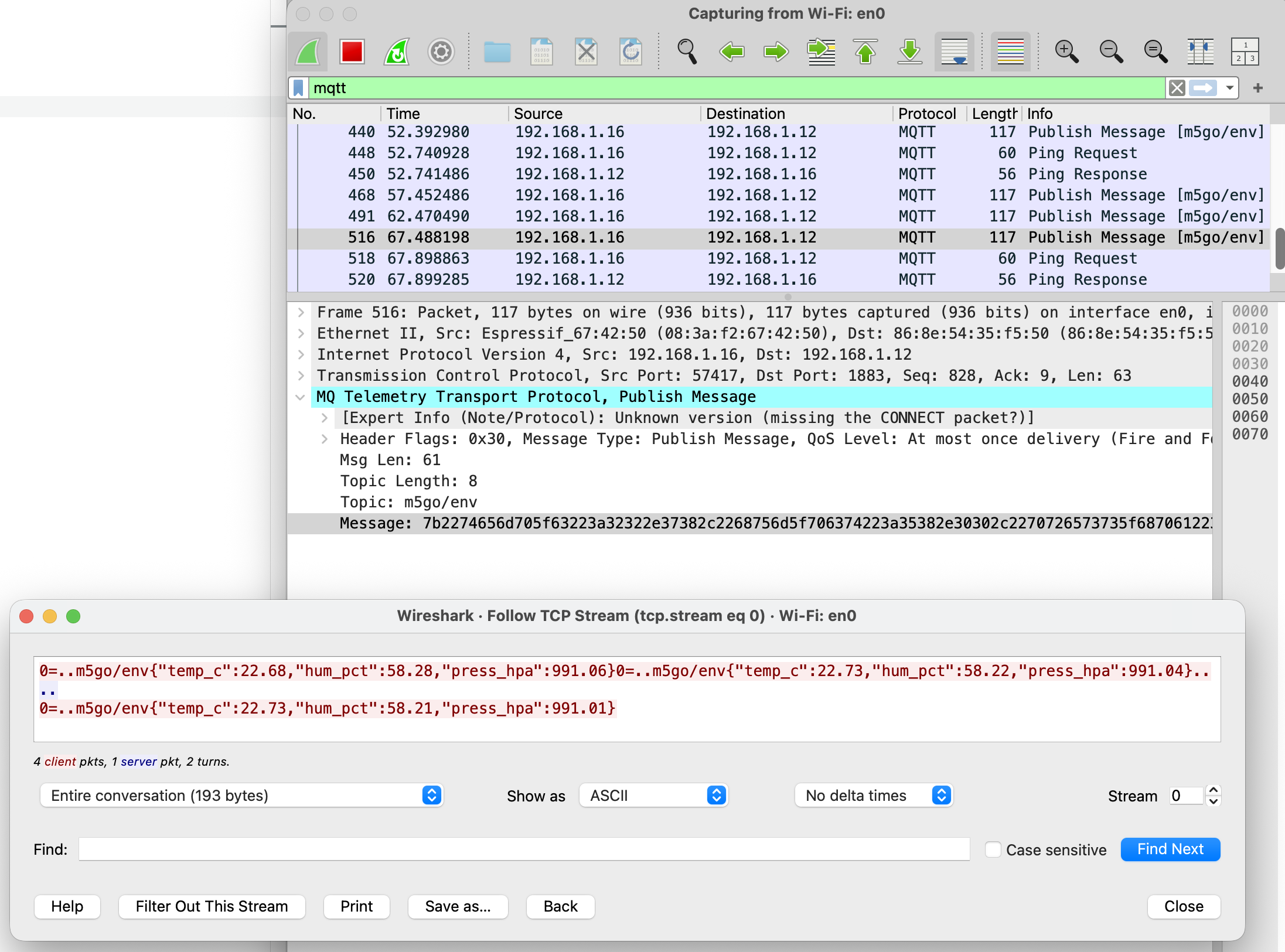 Wireshark capture window showing cleartext JSON payload of an intercepted MQTT packet, revealing temperature and humidity data.