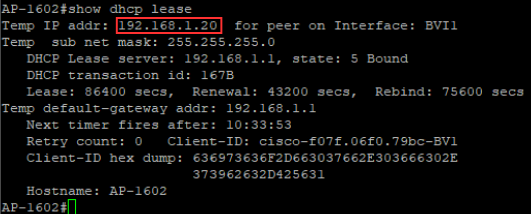 Terminal showing DHCP lease for BVI1 interface